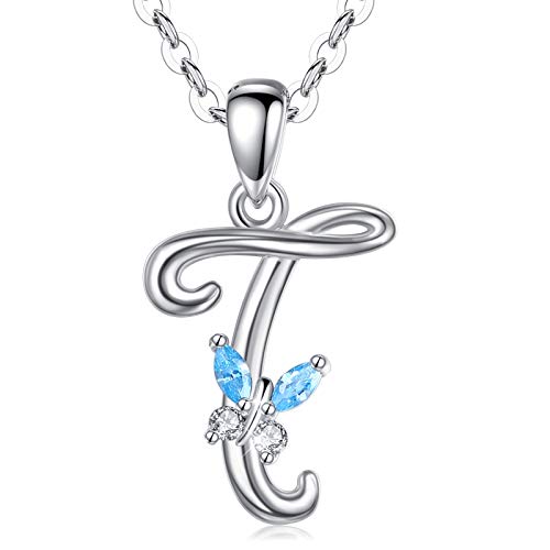 EUDORA Collar Mariposa Mujer Colgantes Iniciales Letras T Plata de ley 925 26 Alfabeto Inicial Nombre Cadena Collar con Zirconia Cúbico, Regalos Originales para Mujer Hermana Madre Abuela, 45,7cm