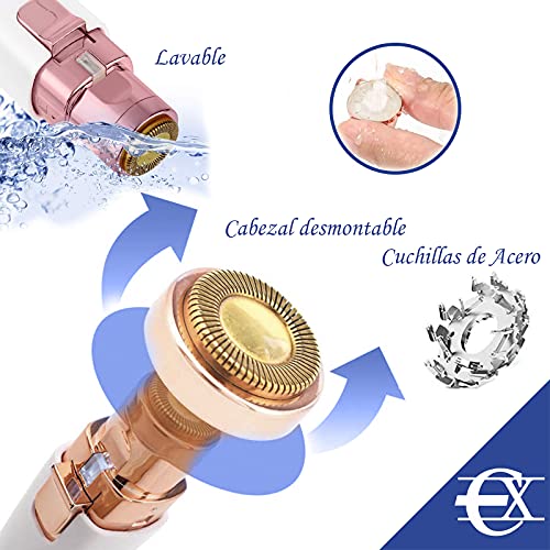 EUROXANTY Depilador Facial Eléctrico | Depilador de Cejas | Cabezal 2 en 1 | Con luz | Perfecta para Retoques de Cejas, Labios, Nariz y Orejas | Carga USB | Blanco