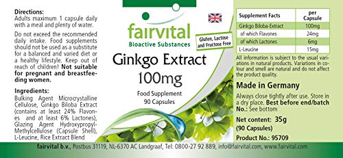 Extracto de Ginkgo Biloba 100mg - VEGANO - mín. 24% flavonas y 6% de lactonas - 90 Cápsulas - Calidad Alemana