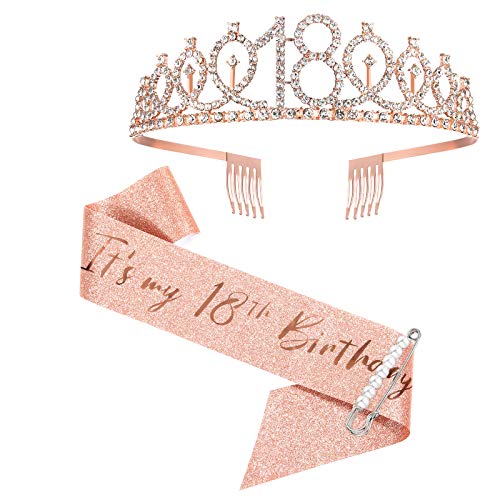 Fajín y tiara de oro rosa para el décimo octavo cumpleaños para niñas, décimo octavo regalo de cumpleaños para felices 18 cumpleaños