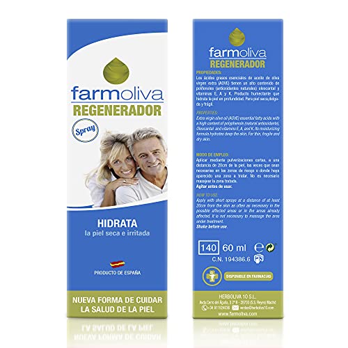 FARMOLIVA Regenerador - Spray Regenerador 60 ml - Crema Hidratante y Antiarrugas Líquida en Aerosol - Repara la Piel Dañada - Con Aceite de Oliva Premium - Reduce Cicatrices, Estrías o Manchas