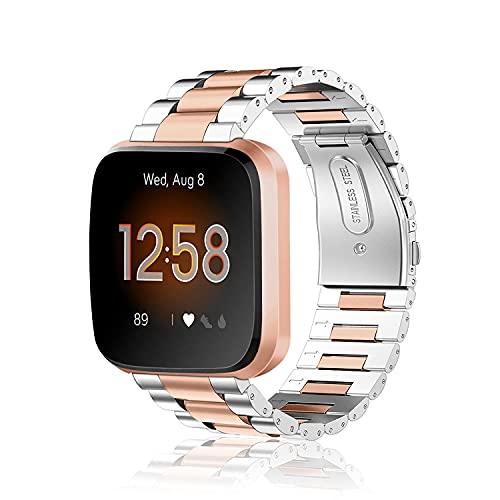 Fintie Correa Compatible con Fitbit Versa 2/Versa/Versa Lite - Pulsera de Repuesto de Metal de Acero Inoxidable, Plateado+Oro Rosa