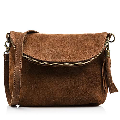 Firenze Artegiani Bolso Bandolera de Mujer en Piel auténtica, Acabado Gamuza, Solapa con Bolsillo con Cierre Cremallera, 24 cm, Marrón Oscuro