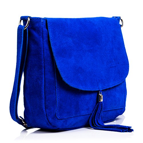 Firenze ARTEGIANI. Bolso de Mujer Piel auténtica.Bolso Bandolera Cuero Genuino Piel Gamuza.Borla Decorativa. Bolso Bandolera Mujer. Made in Italy. Vera Pelle Italiana. 24x24x8 cm. Color: Azul Oceano