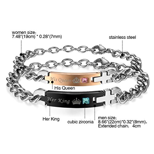 Flongo Pulseras de Parejas, Brazaletes para Parejas, Pulseras Hombre Mujer, His Queen y Her King de Acero Inoxidable Regalo Día de día de San Valentíns y Navidad Acero Inoxidable