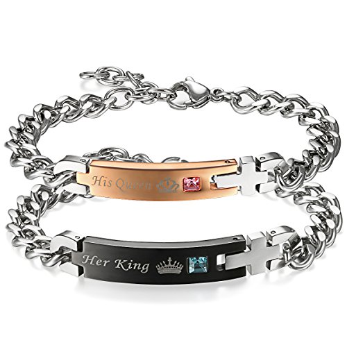 Flongo Pulseras de Parejas, Brazaletes para Parejas, Pulseras Hombre Mujer, His Queen y Her King de Acero Inoxidable Regalo Día de día de San Valentíns y Navidad Acero Inoxidable
