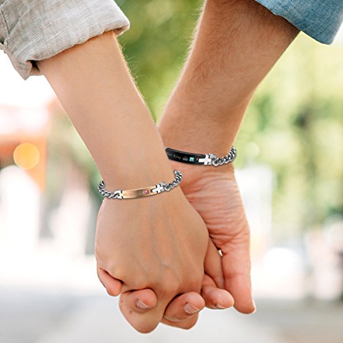 Flongo Pulseras de Parejas, Brazaletes para Parejas, Pulseras Hombre Mujer, His Queen y Her King de Acero Inoxidable Regalo Día de día de San Valentíns y Navidad Acero Inoxidable