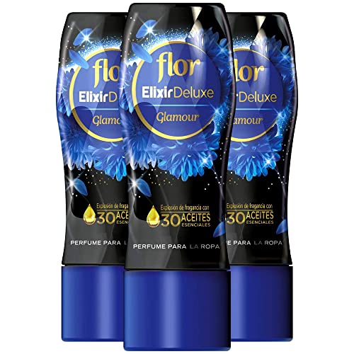 Flor Elixir Deluxe - Potenciador de perfume para la ropa, gel de fácil disolución en la lavadora, fragancia Glamour - Pack de 3