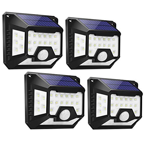 Focos LED Exterior Solares 32 LED (4 Pack), LE Lámpara Solar con Sensor de Movimiento, Blanco Frio 6500K, Impermeable IP64, 4 Ángulos de 270 °, Luz de Pared de Seguridad para Jardín, Garaje, Escaleras