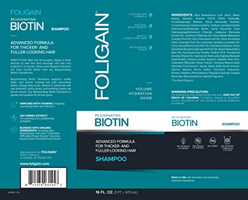 FOLIGAIN Champú de biotina rejuvenecedor - Champú suave hidratante, nutritivo y voluminizador - 473 ml.