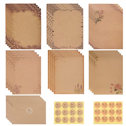 FORMIZON Juegos de Papel de Papelería Vintage, Sobres Vintage, 48 Papel Antiguo y 24 Papel Kraft Sobres, 24 Pegatinas, Diseño Aspecto Antiguo para Invitaciones, Escribir, Bodas, Tarjetas Felicitación