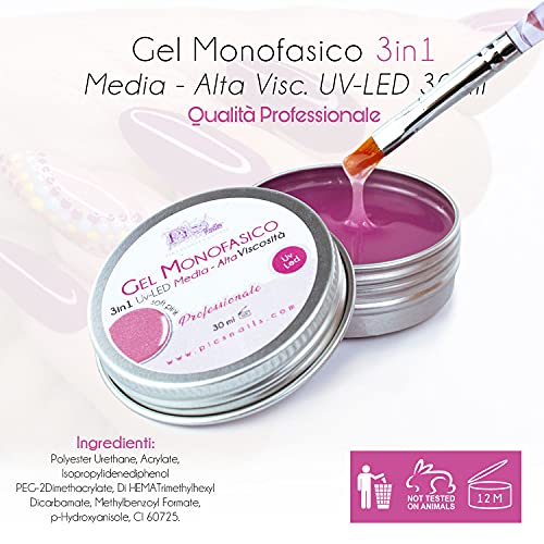 Gel Constructor Profesional UV-LED 3 en 1 Rosa Claro Monofásico - 30 ml VISCOSIDAD MEDIA-alta Autonivelante para extensión de uñas, ultrarresistente para extensión de uñas