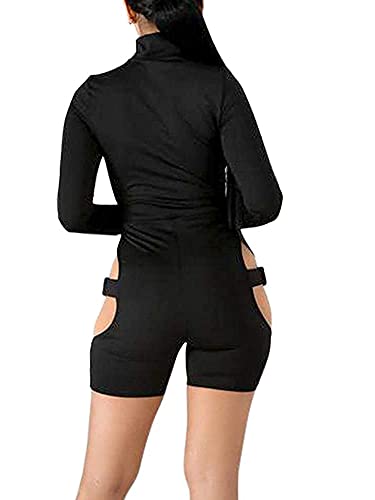Gildnera Women Sexy Hollow out Jumpsuit Buckle Cut out Long Sleeve Biker Short Rompers Bodysuits Summer Streetwear (Black, X-Large)