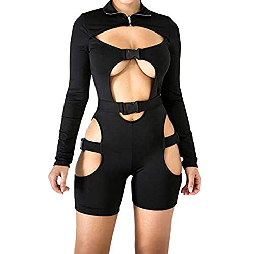 Gildnera Women Sexy Hollow out Jumpsuit Buckle Cut out Long Sleeve Biker Short Rompers Bodysuits Summer Streetwear (Black, X-Large)