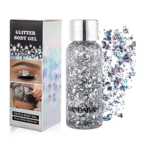 GL-Turelifes Lentejuelas de sirena con purpurina líquida, sombra de ojos, gel para el cuerpo, festival, purpurina, cosméticos, para el pelo, maquillaje de larga duración, brillo de 30 g (01# plata)