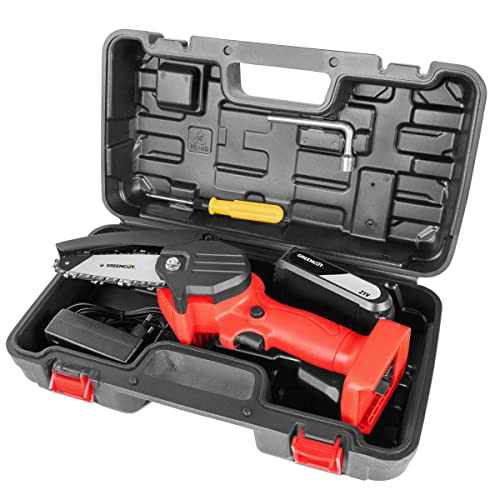 GREENCUT GSM210L - Mini motosierra mano inalámbrica de bateria de litio 21 V, espada 10.16 cm, 260 mm, longitud corte 10 cm, podar ramas, 1 kg, incluye 1 batería + 1 cargador
