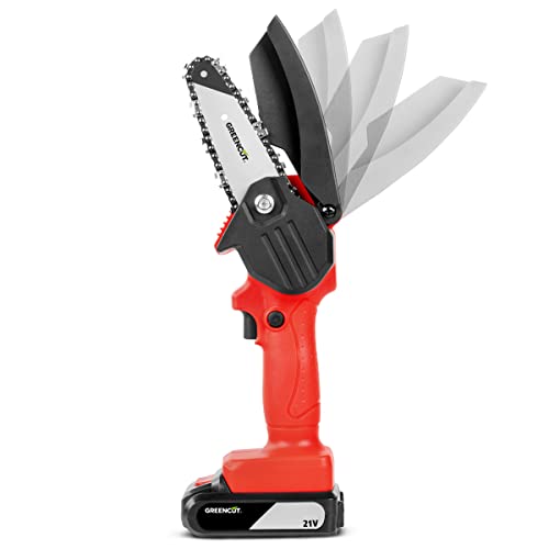 GREENCUT GSM210L - Mini motosierra mano inalámbrica de bateria de litio 21 V, espada 10.16 cm, 260 mm, longitud corte 10 cm, podar ramas, 1 kg, incluye 1 batería + 1 cargador