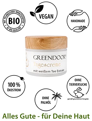 Greendoor Crema de día con té blanco, 50ml, protección reafirmante natural Cuidado de día sin Brillo graso, Cosmética natural Calidad de fabricación, Crema facial, crema para la Cara
