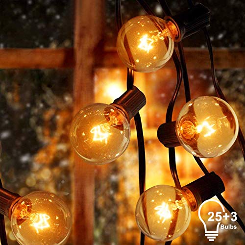 Guirnalda luminosa exterior con 25 bombillas de color blanco cálido con 3 de repuesto, 7.62 metros de cable, decoración interior y exterior, Halloween, Navidad, boda