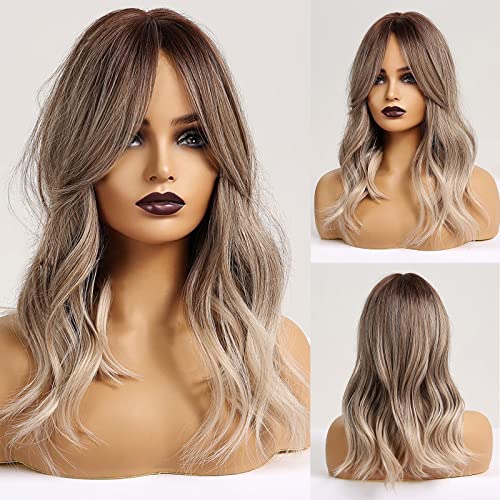 HAIRCUBE Pelucas largas y rizadas para mujeres con franja Ombre Color marrón ceniza a gris