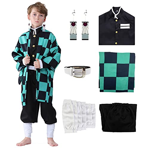 Heionia 6PCS Nezuko Tanjiro Cosplay Disfraz para Niños Niñas Demon Manga Cosplay Disfraces Trajes Kimono Capa Accesorios para Carnaval Halloween Fiestas