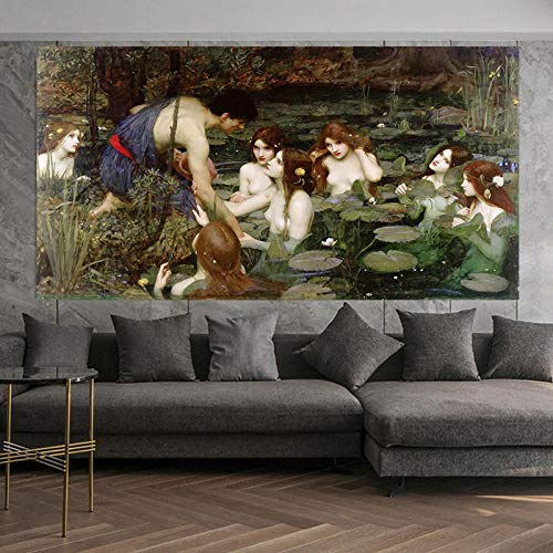 HNZKly William Waterhouse《Hylas Y Las Ninfas》Pared Arte Impresiones CláSico MitologíA PóSter NenúFar Estanque Cuadro Famosos Lienzo Pinturas Sala Decoracion 60x100cm Sin Marco