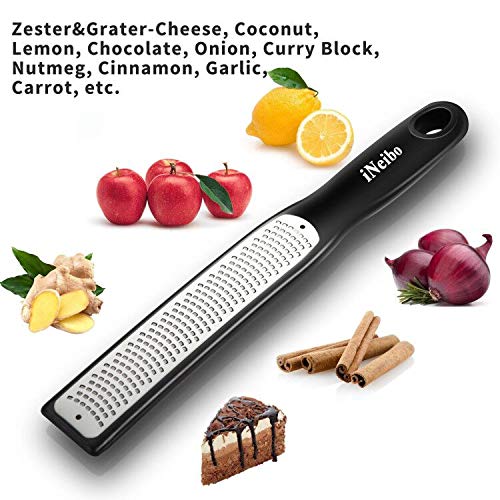 iNeibo Rallador Cocina, Rallador de Queso y Limón, Acero Inoxidable+Funda Protectora, Ideal para Nuez Moscada, Ajo, Jenjibre, Chocolate, Naranja, Apto para Lavavajillas (Negro)