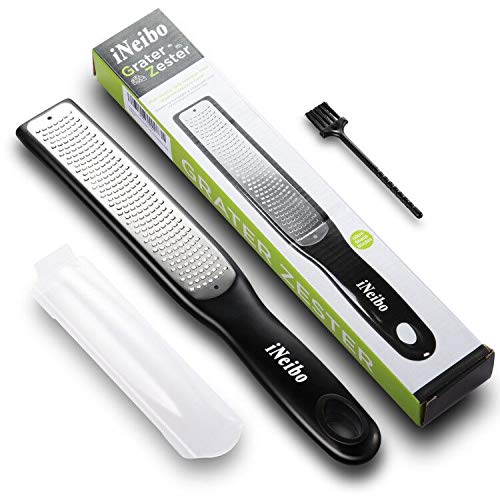 iNeibo Rallador Cocina, Rallador de Queso y Limón, Acero Inoxidable+Funda Protectora, Ideal para Nuez Moscada, Ajo, Jenjibre, Chocolate, Naranja, Apto para Lavavajillas (Negro)