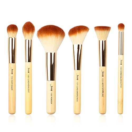 Jessup Juego de 6 brochas de bambú con pelo sintético para el rostro, marcador en polvo, corrector de contorno T144