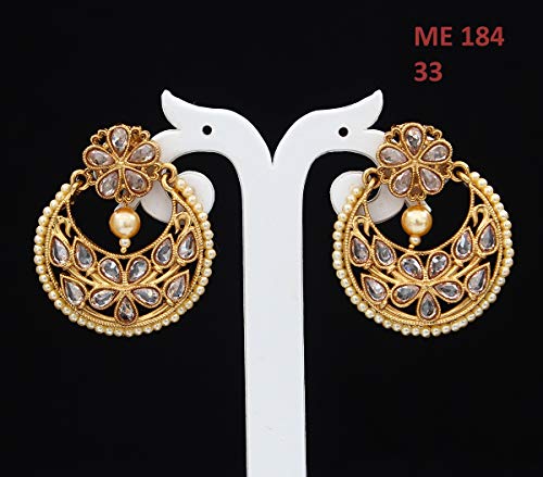 Jewelrygift Hermosos pendientes colgantes chapados en oro de 18 quilates con piedras perla india tradicional Bali Kundal, regalo para mujeres y niñas, Piedra preciosa., Crystal,