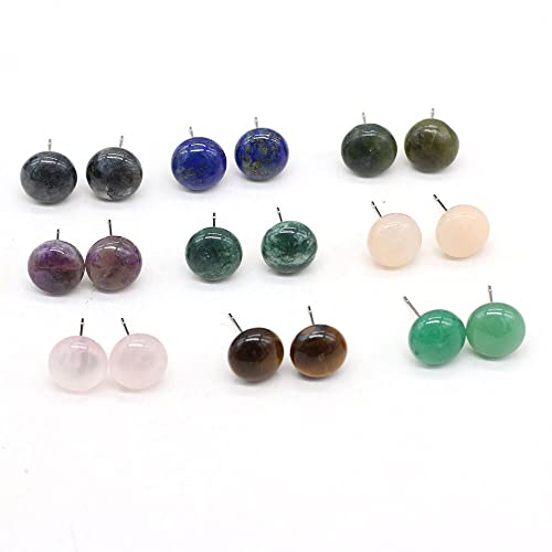 JIUXIAO Pendientes Redondos de Piedra Natural Amatistas Ojo de Tigre Cristal Oreja Simple Pendientes Bohemios Hechos a Mano Joyas para Mujeres Pendientes-Color Oro Puro, Blanco