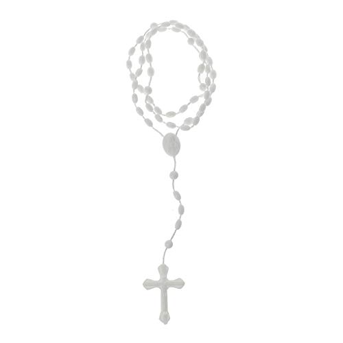 Joocyee - Rosario de plástico con Cuentas, Collar Luminoso, catolicismo, oración, joyería Religiosa, Collar de Rosario con Cruz Luminosa Blanca, Color Blanco