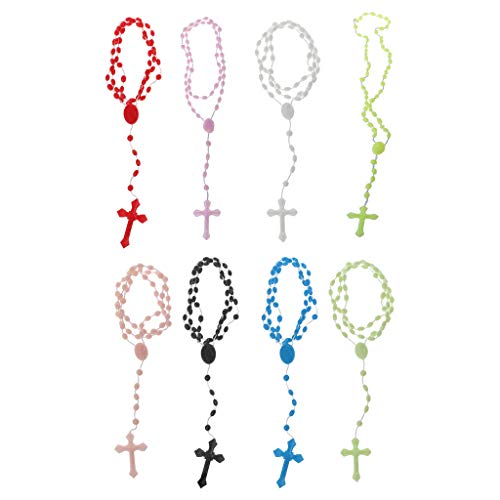 Joocyee - Rosario de plástico con Cuentas, Collar Luminoso, catolicismo, oración, joyería Religiosa, Collar de Rosario con Cruz Luminosa Blanca, Color Blanco