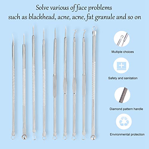 Juego de Extractor de Espinillas de Acero Inoxidable de 9 Piezas, Maquinilla Afeitar Clasica, Herramienta de Limpieza Facial para Eliminación de Espinillas de Comedón(03)