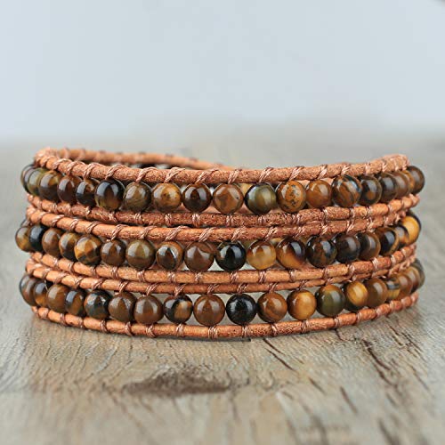 KELITCH Hecho a Mano 3 Wraps Pulseras Creado Tiger Eyes Beaded Bracelets Fashion Bangle Jewelry (Coffee 93)