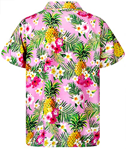 KING KAMEHA Funky - Camisa hawaiana casual para niños y niñas, bolsillo frontal, manga corta, unisex, estampado de flores de piña, Flores de piña rosa claro, 10 años