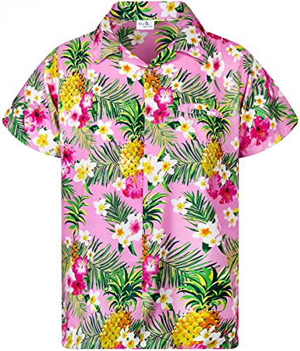KING KAMEHA Funky - Camisa hawaiana casual para niños y niñas, bolsillo frontal, manga corta, unisex, estampado de flores de piña, Flores de piña rosa claro, 10 años