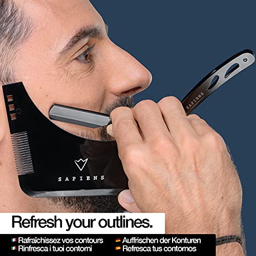 Kit barba hombre Sapiens Barbershop - Navaja de afeitar barbero, Cepillo barba, Peine barba, Plantilla barba, Bolsa de tela + 5 cuchillas de afeitar Astra - Set de accesorios para barba