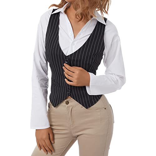 Koitniecer Chaleco Elegante Y2k Sexy para Mujer, Chaleco Ajustado con Cuello en V, Chaleco versátil con Espalda Cruzada, Traje de Esmoquin, Ropa de Calle (Stripe - Black C, Medium)