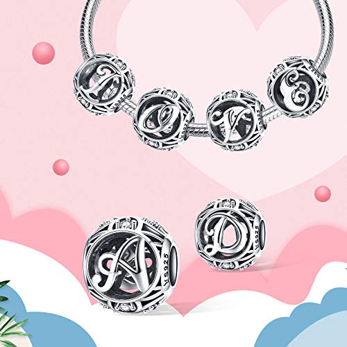 LaMenars Letras Abalorios Charms Originales Plata de Ley 925 Colgantes de Alfabeto A-Z con Circonita Cúbica para Pandora & Europeo Pulseras Brazaletes Collares para Mujer (Letter M)