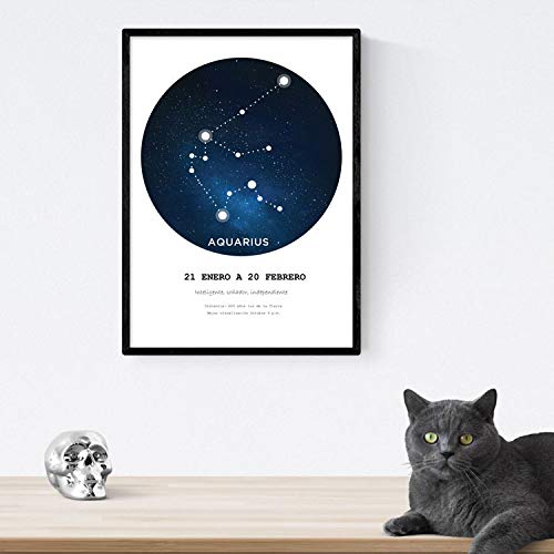 Lamina con la constelación Aquarius. Poster con símbolo del zodiaco en tamaño A4 y fondo blanco