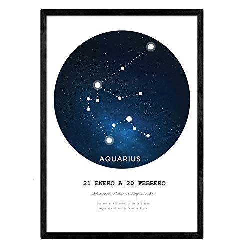 Lamina con la constelación Aquarius. Poster con símbolo del zodiaco en tamaño A4 y fondo blanco