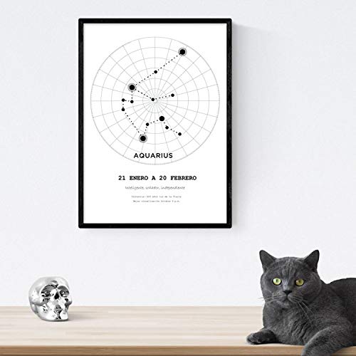 Lamina con la constelación Aquarius. Poster con símbolo del zodiaco en tamaño A4 y fondo del cielo estrellado