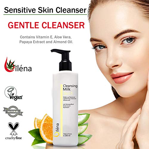 Leche Facial Desmaquillante con Vitamina E y Aloe Vera 3en1 Limpiador de Poros Antimanchas Leche Hidratante Waterproof Contorno de Ojos Corrector Ojeras Elimina el maquillaje y las manchas 2 x 200 ml