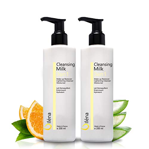 Leche Facial Desmaquillante con Vitamina E y Aloe Vera 3en1 Limpiador de Poros Antimanchas Leche Hidratante Waterproof Contorno de Ojos Corrector Ojeras Elimina el maquillaje y las manchas 2 x 200 ml