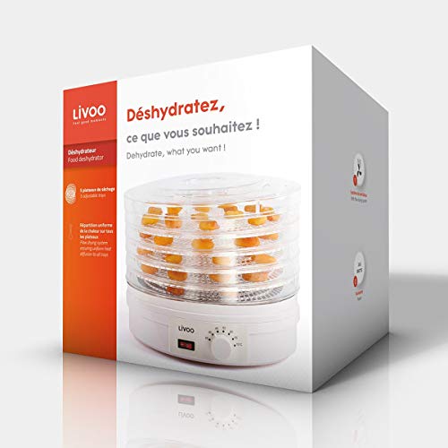 LIVOO Feel good moments - Deshidratador de Frutas y Vegetales | 5 bandejas | de Temperatura Ajustable DOM202 Blanco