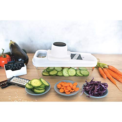 LIVOO Feel good moments - Juego de Mandolina Multiusos 8 en 1, Cortador de Vegetales | 6 Ralladores + 2 Ralladores | Contenedor de Vidrio para Preservación de 1.5L incluido MEN387 Azul
