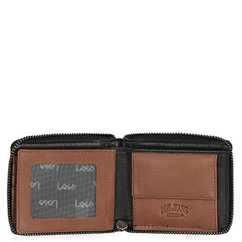 Lois - Cartera Hombre Piel Genuina Cuero con Monedero y Cierre con Cremallera. Bloqueo Antiescaneo de Seguridad RFID - Billetera Pequeña con Tarjetero de Marca LOIS 205409, Color Negro-Tan