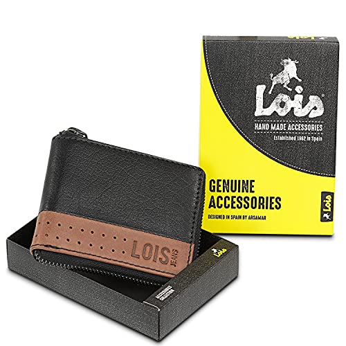 Lois - Cartera Hombre Piel Genuina Cuero con Monedero y Cierre con Cremallera. Bloqueo Antiescaneo de Seguridad RFID - Billetera Pequeña con Tarjetero de Marca LOIS 205409, Color Negro-Tan