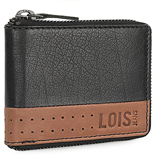 Lois - Cartera Hombre Piel Genuina Cuero con Monedero y Cierre con Cremallera. Bloqueo Antiescaneo de Seguridad RFID - Billetera Pequeña con Tarjetero de Marca LOIS 205409, Color Negro-Tan